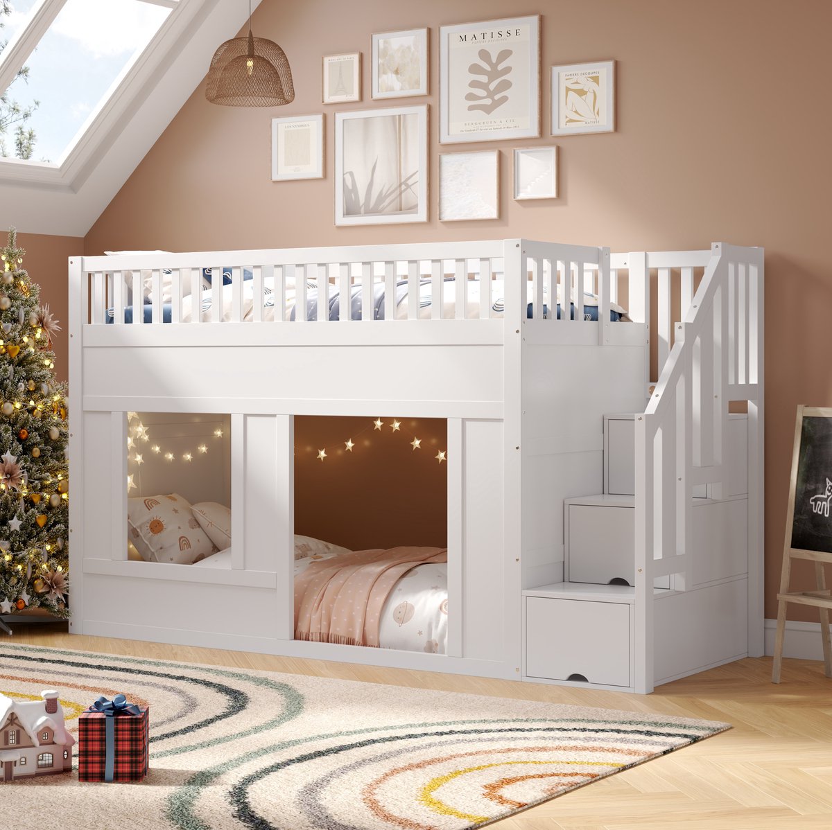 REDOM - Hoogslaper - Opbergruimte in trap - Open speelruimte onder bed - Lattenbodem inbegrepen - Kinderkamer - Hout en MDF - Wit - 251,5 x 95 x 150,5 cm