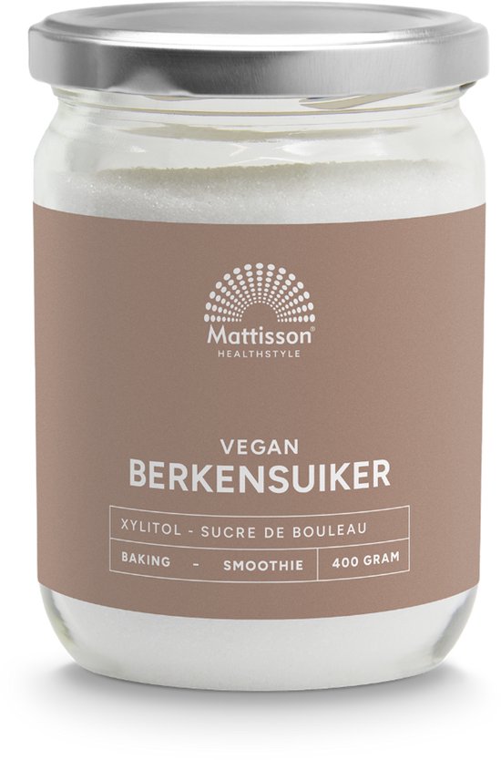 Glazen pot met Mattisson Berkensuiker Xylitol, 400 gram. Label: VEGAN BERKENSUIKER XYLITOL - SUCRE DE BOULEAU.