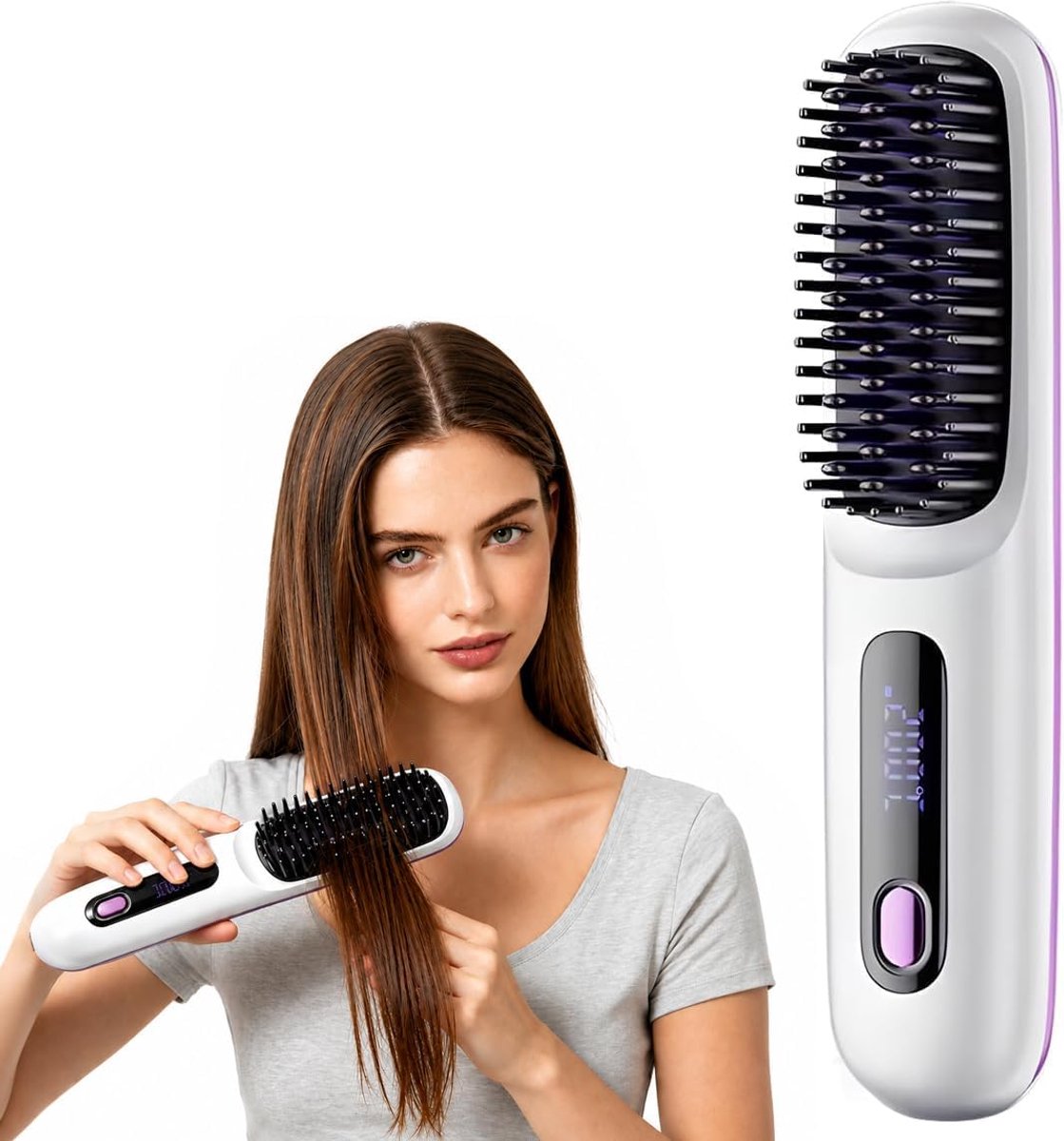 Draadloze stijlborstel - met 3 temperatuurstanden - met USB-oplaadpoort - compacte stylingborstel - Stijlkam - Draagbare verwarmde borstel - Keramisch - Stijlborstel - Brush - Elektrische Haarborstel - wit
