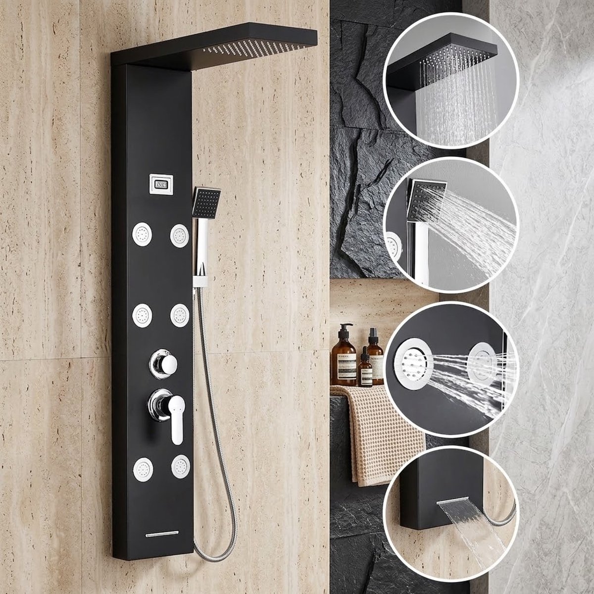 Auralum Max Douchepaneel Zwart RVS - Luxe Douchekolom Met LED Temperatuur Display - 4 Functies: Regendouche, Handdouche, Waterval & Massage Stralen
