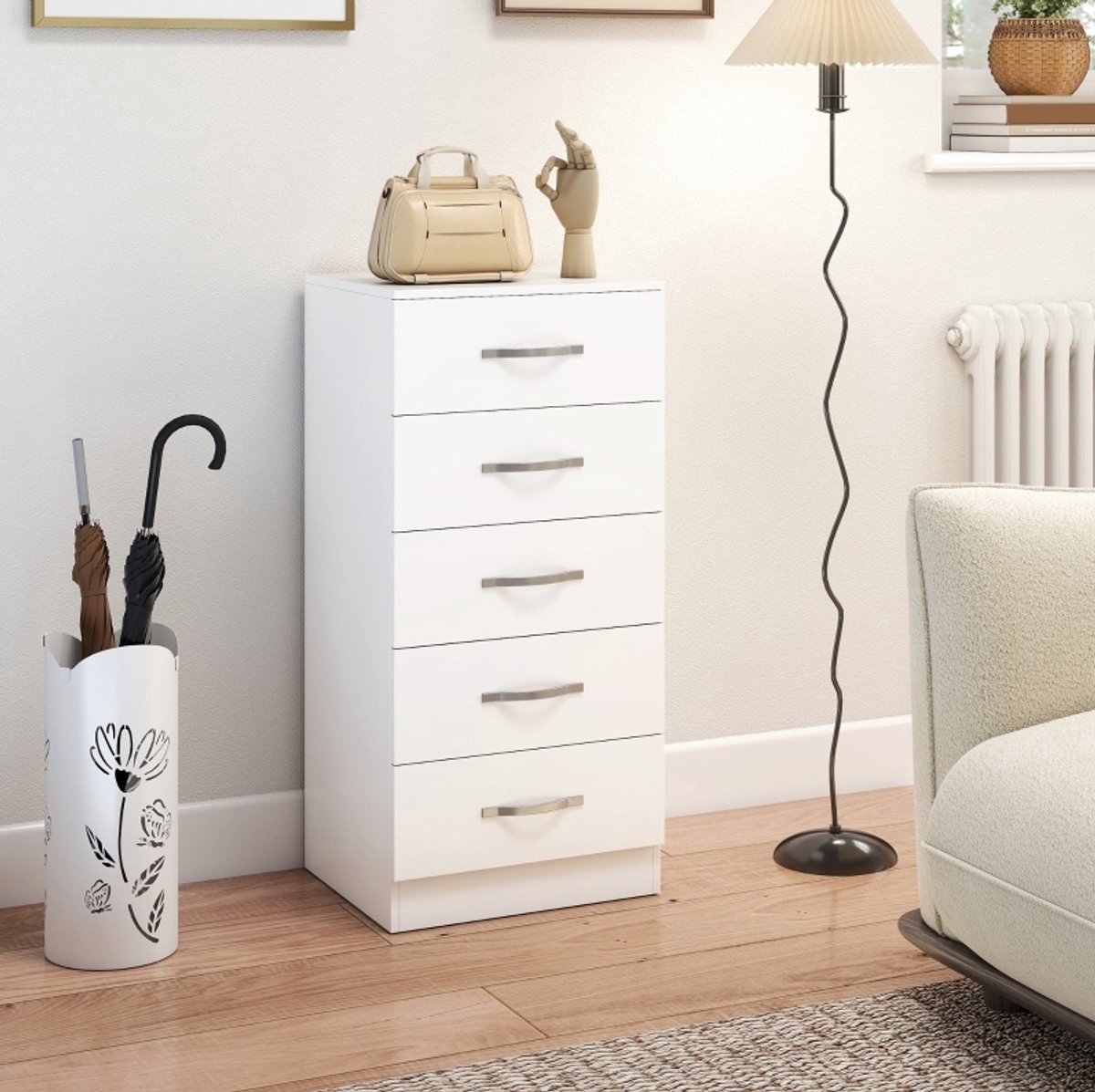 HAUSS SPOLE Ladekast - Vijf Lades Voor Overzichtelijke Opberging - Voor Slaapkamer En Hal - Spaanplaat - 40 x 35 x 85 cm - Wit