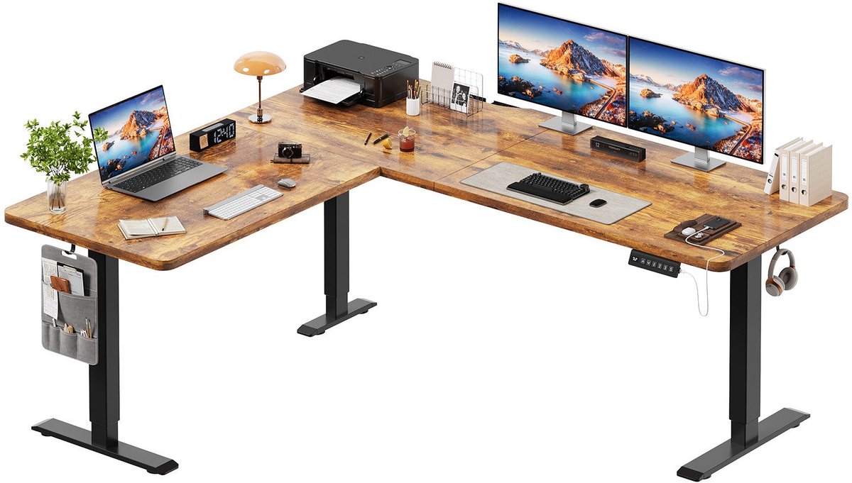 Devoko Elektrisch Verstelbaar Hoekbureau 190 × 155 cm – L-vormig Zit-Sta Bureau met 20 mm Dik Bureaublad – 100 kg Draagvermogen, 3 Geheugenstanden, USB en Kabelmanagement – Vintagebruin