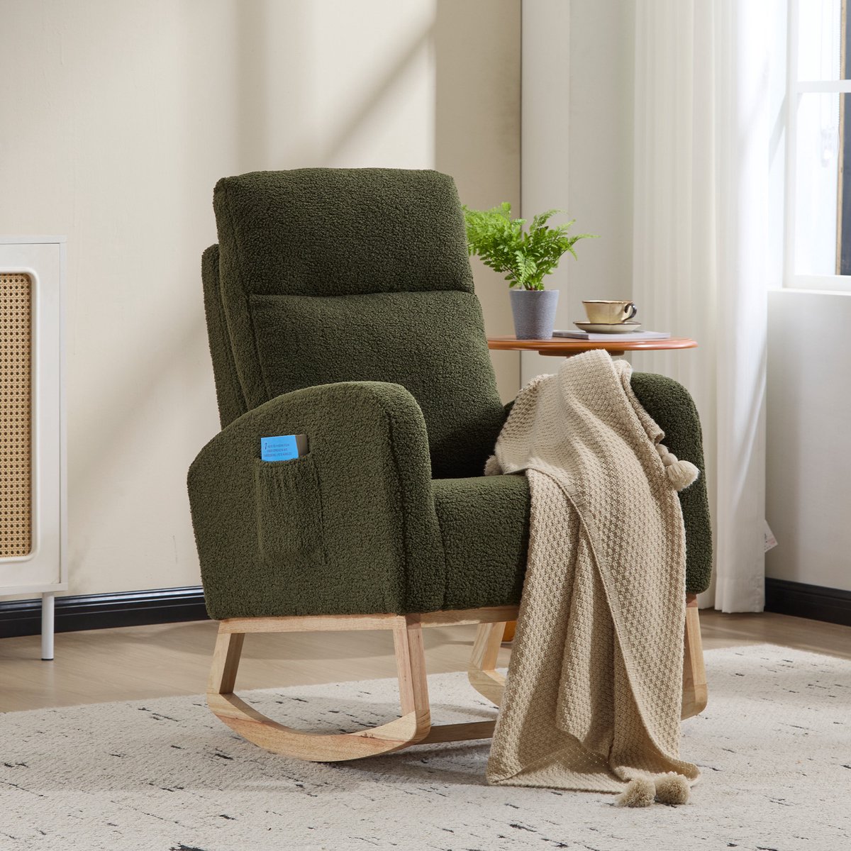 Fauteuil Schommelstoel met 3 Verstelbare Standen, Teddy Stof, Hoge Rugleuning, Zijvak, Relaxstoel voor Woonkamer en Slaapkamer