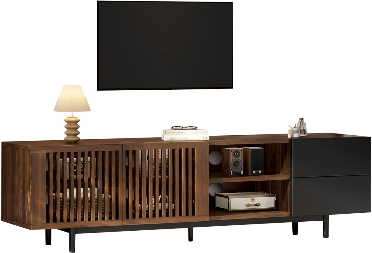 MUVANO Tv meubel 160 cm - Tv kast walnoot zwart - Mdf tv kast woonkamer - Tv dressoir met lades - 160x38x50 cm - Kabeldoorvoer - Woonkamer Zwart Walnoot