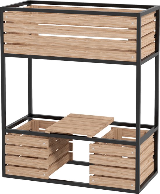 Houten plantenbak met zwart metalen frame en drie niveaus, met een inklapbaar werkblad.