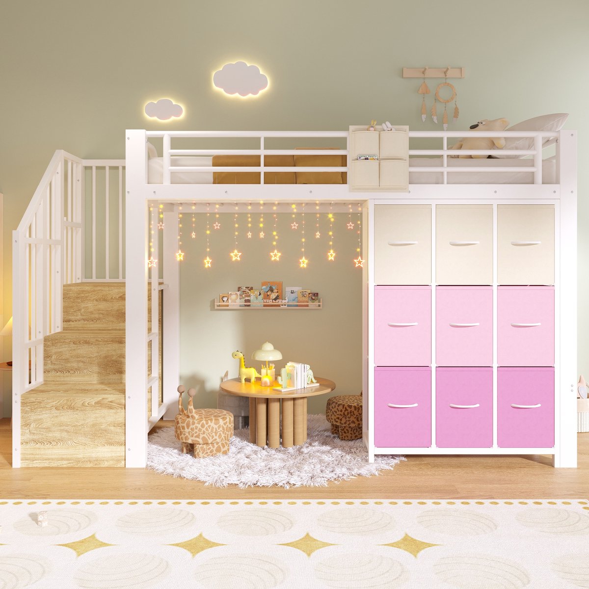 Sweiko Hoogslaper - 90 × 200 cm - Metalen frame - 9 lades - Opbergruimte - Kinderbed - Wit + Roze