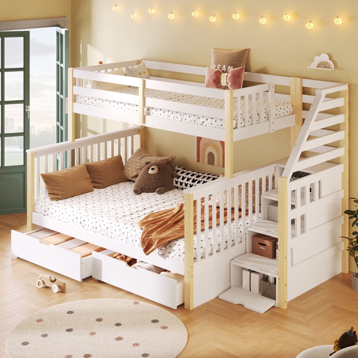 Sweiko Stapelbed - 90 x 200 cm & 140 x 200 cm - Met 2 lades - Opbergruimte - Kinderbed - Wit + Naturel