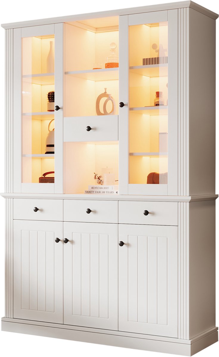 Vitrinekast Met Gehard Glas En Ledverlichting - 21 Vakken, 4 Laden En 5 Deuren - Grote Displaykast Voor Woonkamer En Eetkamer - Wit MDF