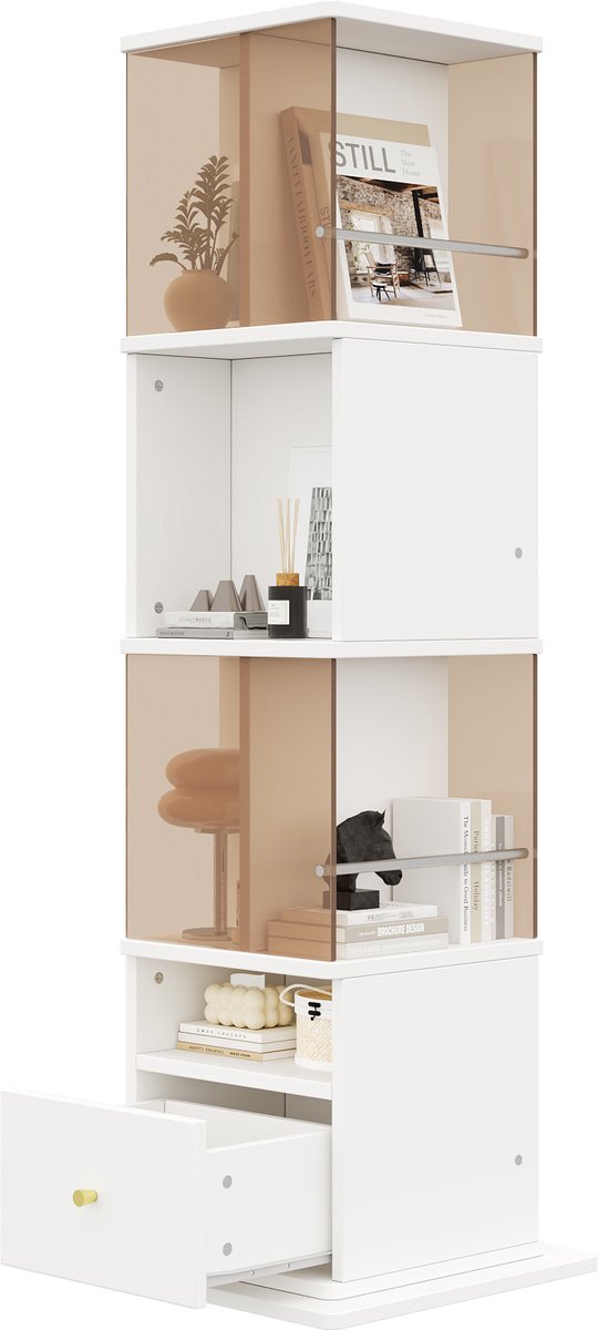 Draaibare Vitrinekast 50 x 50 x 160 cm - Bruin Gehard Glas - Open Vakken En Lade - Voor Boeken En Decoratie - MDF In Wit En Bruin