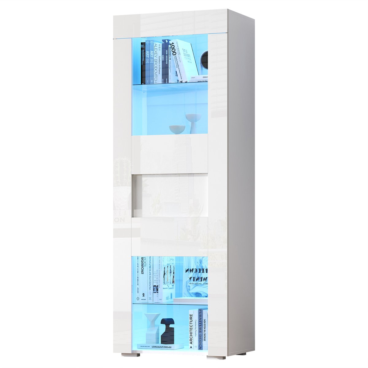 Vitrinekast Met LED-Verlichting - Hoge Displaykast Met Acryl Deur En Verstelbare Glazen Planken - Voor Woonkamer - Wit MDF