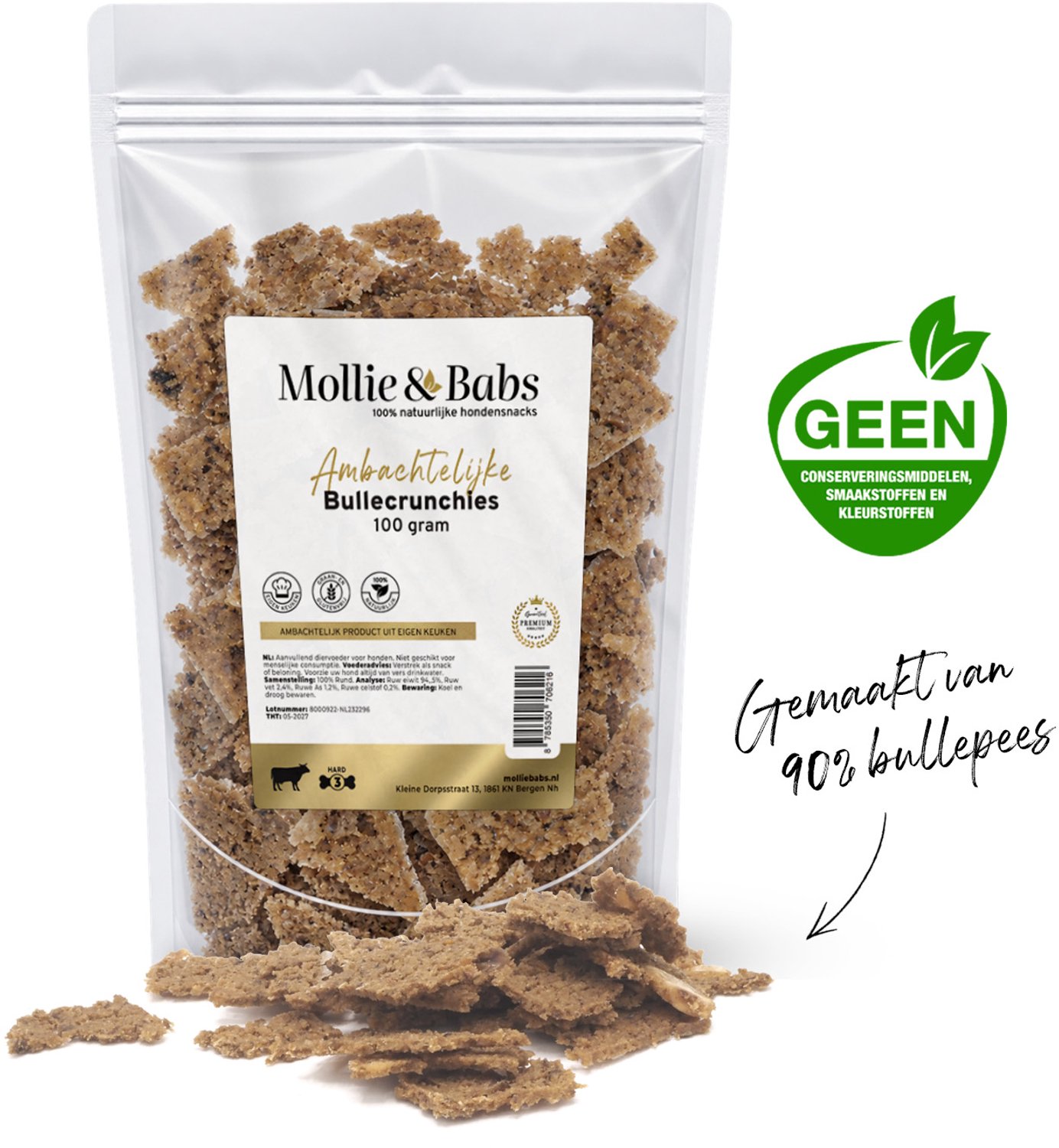Mollie & Babs - Bullecrunchies - 100g - Reukloos - Hondensnacks - Krokante Beloningssnack - Bullepees