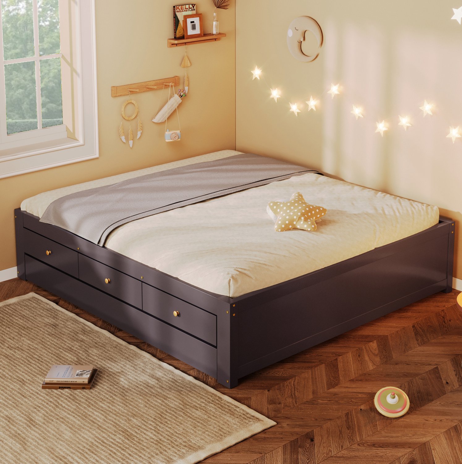 COVREO Bed met 3 lades – 140x200 cm – Slaapmeubel met uitschuifbaar gastenbed – Slaapoplossing voor logees – Coffee - zonder matras