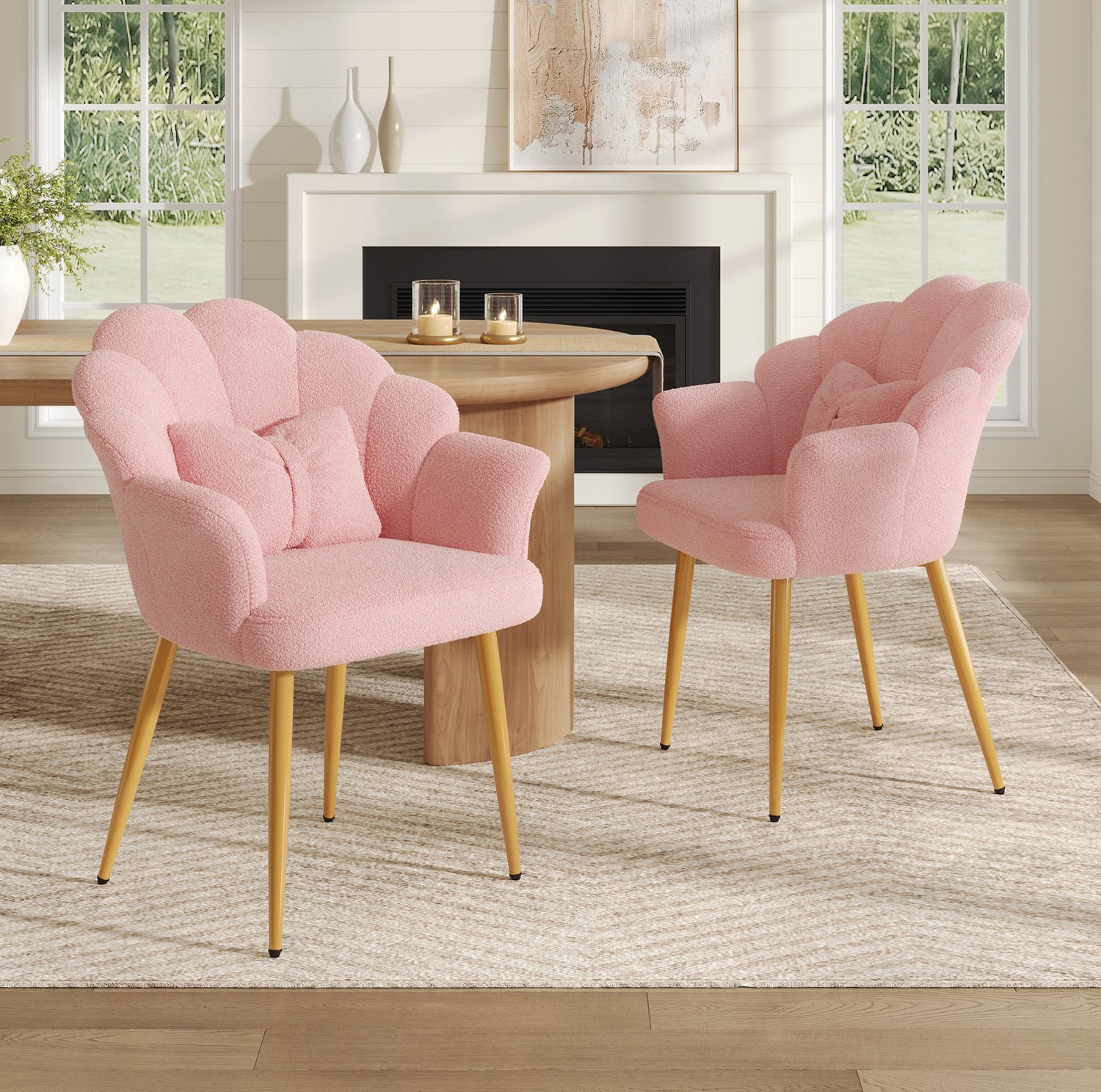 COVREO Kuipstoel set van 2 met armleuningen – Stoel met pluche stof en kussen – Fauteuil voor eetkamer – 64x65,5x85 cm – Roze