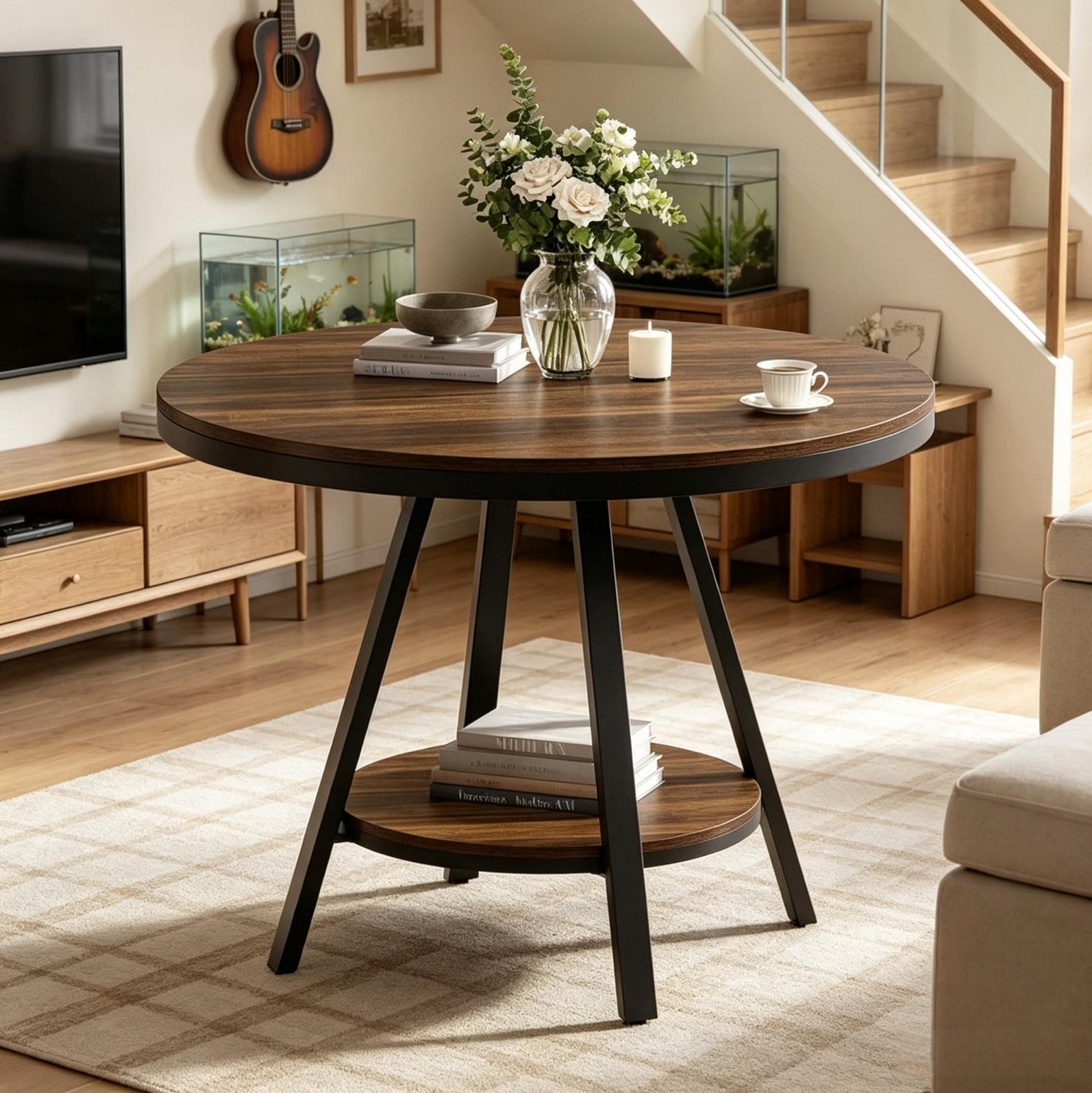 COVREO Eettafel met onderplank – 90x90x75 cm – Ronde eetkamertafel van MDF en metaal – voor 2 tot 4 personen – Zwart en rustiek bruin