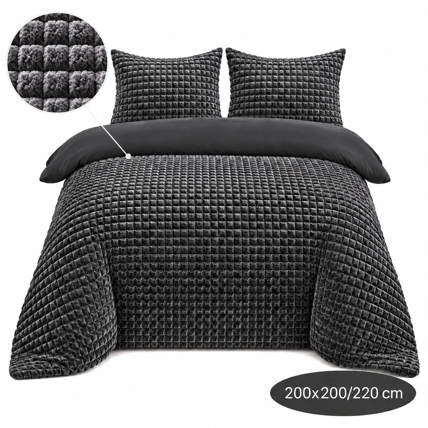 Roden Blue - Popcorn fleece dekbedovertrek set - 200x200/220 cm - Antraciet - Zacht - Anti-allergeen - Wasbaar