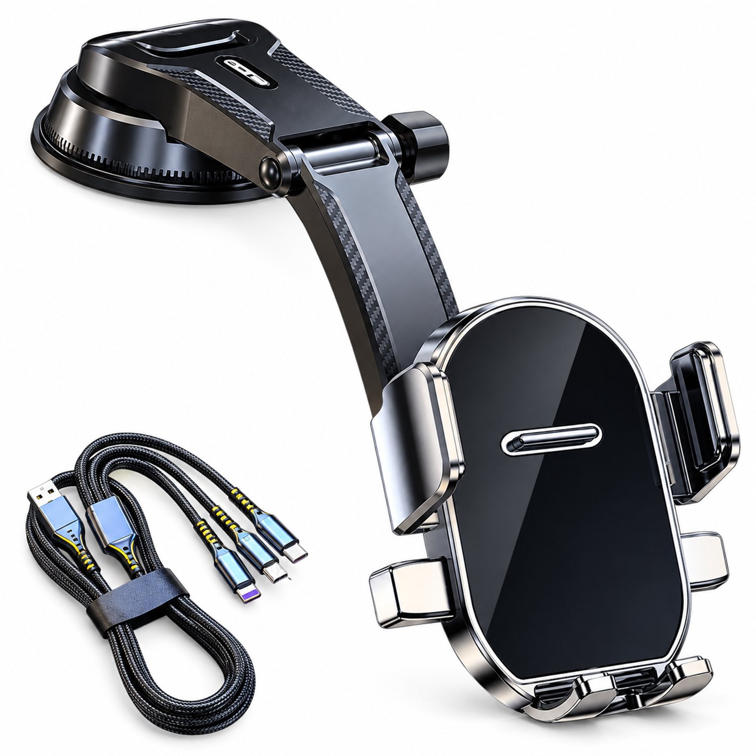 Telefoonhouders auto: telefoonhouder met zuignap voor dashboardmontage, automatische klemming en 3-in-1-datakabel
