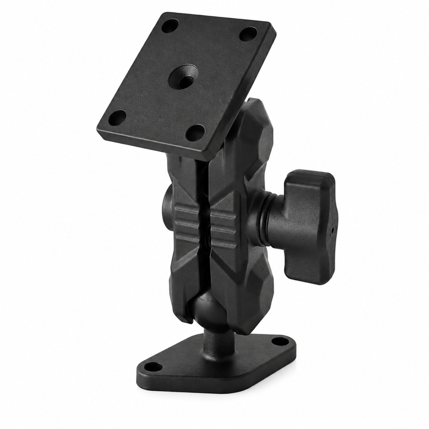 Zwarte montagebeugel voor voertuig- en machineapparatuur met vierkante kogelkop, 9 cm verbindingsdeel en ruitvormige kogelkop