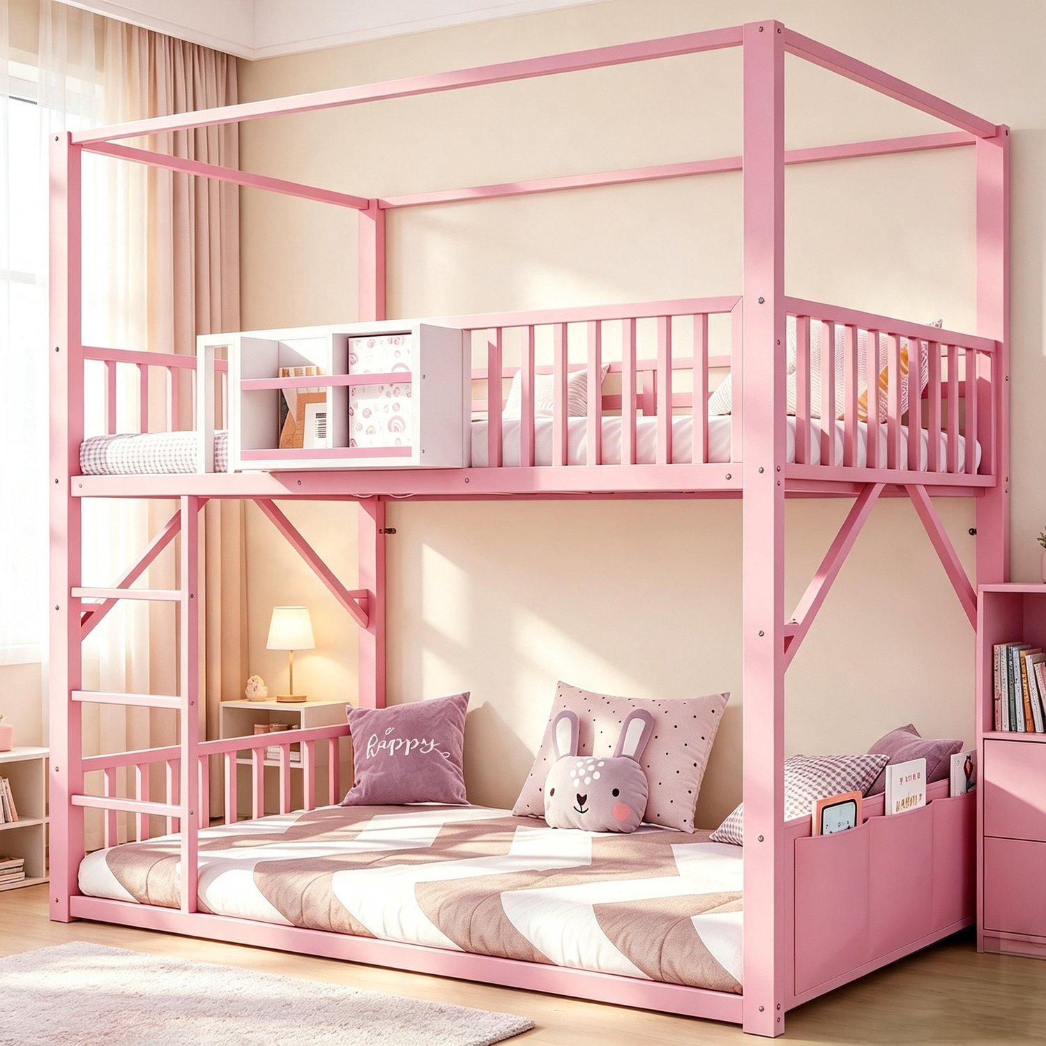 COVREO Stapelbed met dakframe – 90x200 cm – Kinderbed met ladder en hek – Slaapmeubel voor kinderen – Roze - zonder matras