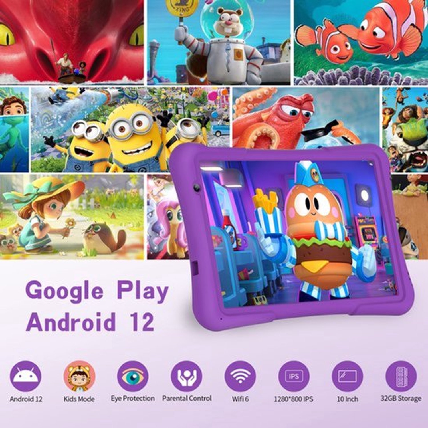 Kindertablet Green - 10.1 Inch IPS Scherm - 4 GB RAM - 32 GB Opslag - Android 12 - Quad Core Processor - WiFi 6 - Dubbele Camera