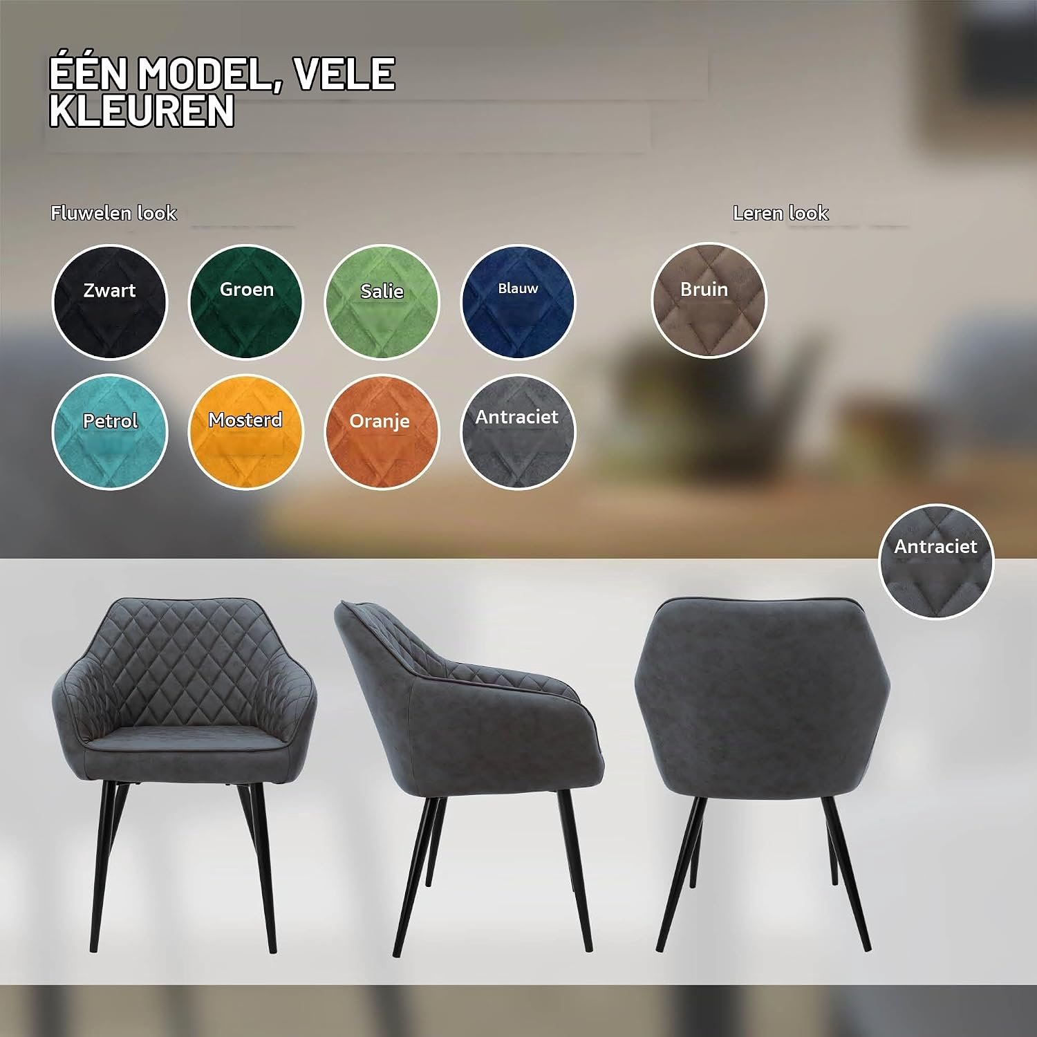 Set van 4 Luxe Eetkamerstoelen met Armleuningen en Diamantstiksel – Antraciet Kunstleer, Ergonomische Rugleuning, Zachte Bekleding en Zwarte Metalen Poten, Moderne Retro Keukenstoelen voor Eetkamer en Woonkamer, 60 × 63 × 80 cm