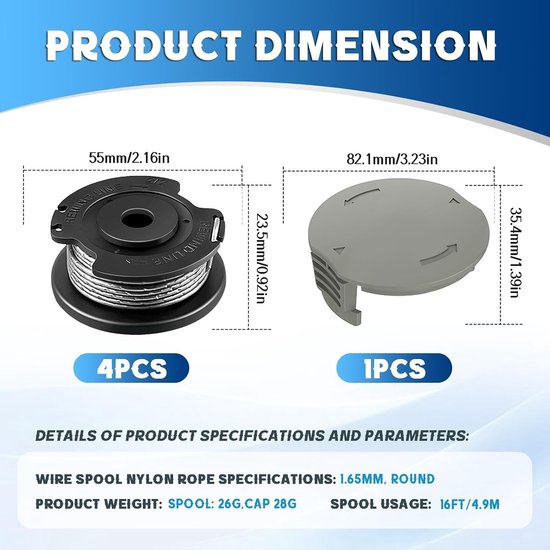 Set van 4 Draadspoelen met Diameter 1,65 mm en 4,9 m Lengte voor Grastrimmers, Inclusief Spool Cover en Compatibel met Diverse Modellen — afbeelding 5