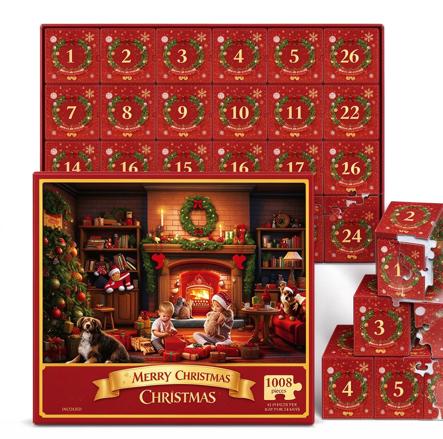 Legpuzzel‑adventskalender 2027 – 1 set - 1008 stukjes, 24‑daagse kerstcountdown met poster - voor kinderen, tieners en volwassenen