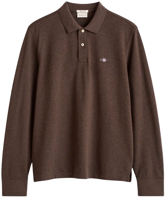 Bruine Gant polo met lange mouwen, kraag, knoopsluiting en geborduurd Gant-schildlogo op de borst.