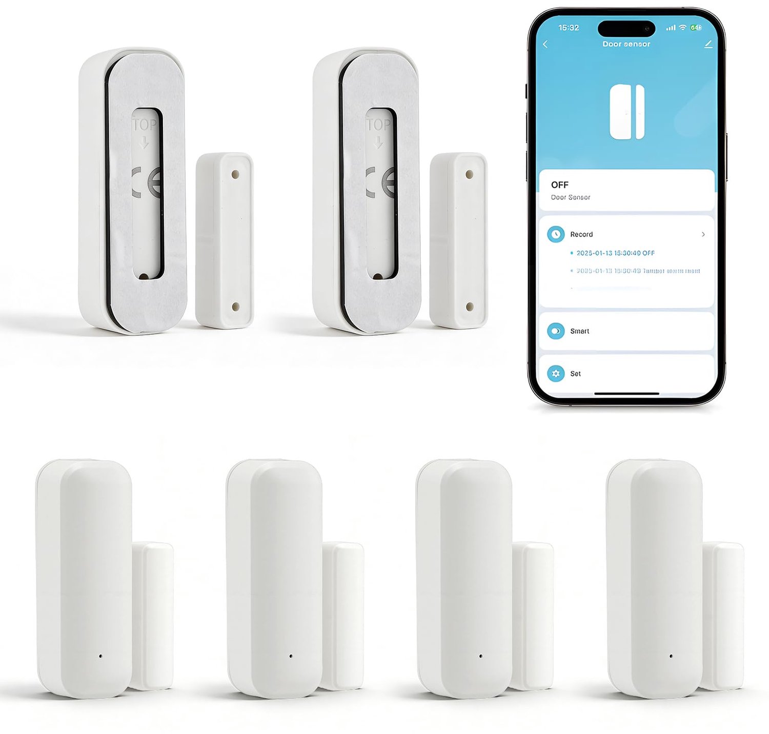 4-pack WiFi deur- en raamcontactsensoren voor slimme huizen en draadloze beveiligingssystemen, compatibel met slimme radiatorthermostaten, en, gratis app-meldingen