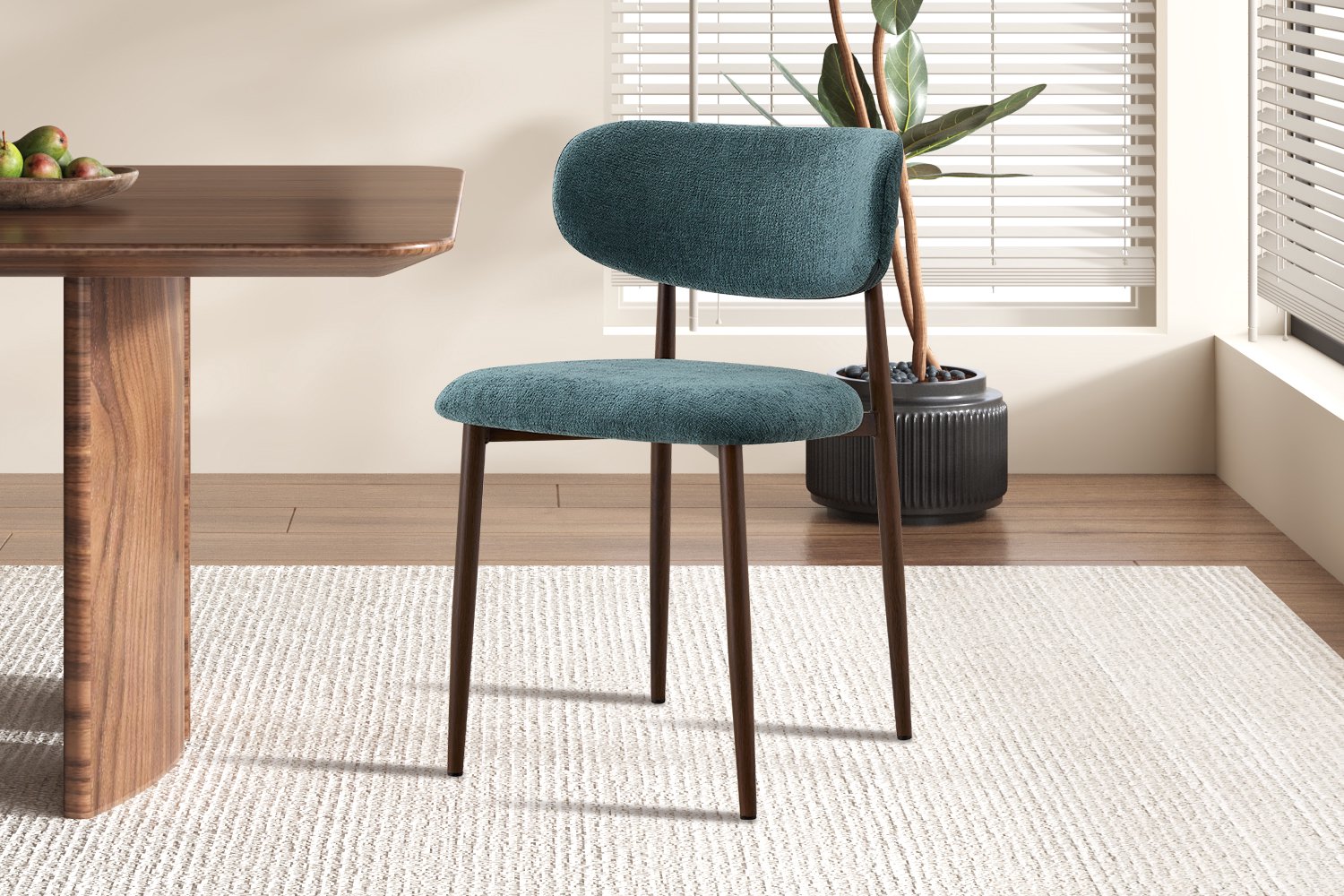 Eetkamerstoel Nono Blauwgroen – Walnoot gekleurd frame – Luxe Gestoffeerd