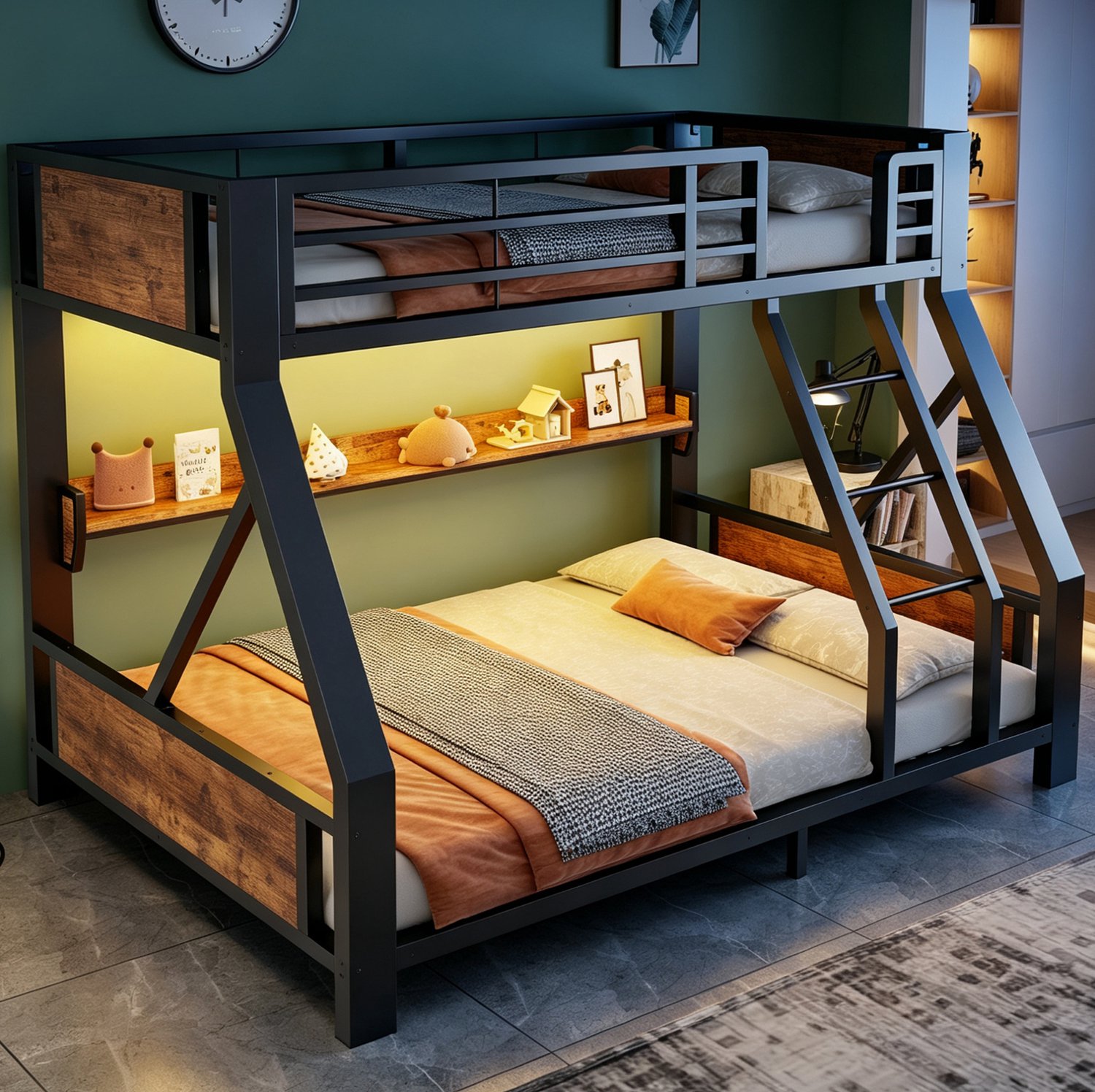 COVREO Stapelbed met LED en vak – 204x145x160 cm – Kinderkamermeubel voor logees – Boven 90x200, onder 140x200 – Zwart - zonder matras