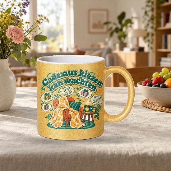 Retro jaren 70 Mok 'Cadeaus kiezen kan wachten' – Vintage theemok met dikke ronde letters voor ontspanning en cadeauzoekers — cadeau in Cadeau-ideeën - foto 2