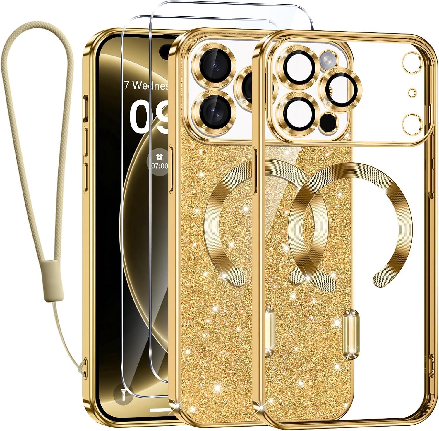 Zandarix Hoesje Geschikt voor Apple iPhone 18 Pro Max - Back Cover Hoesje - Geschikt voor Mag - Glanzend Glitter - 2x Screenprotector - Goud
