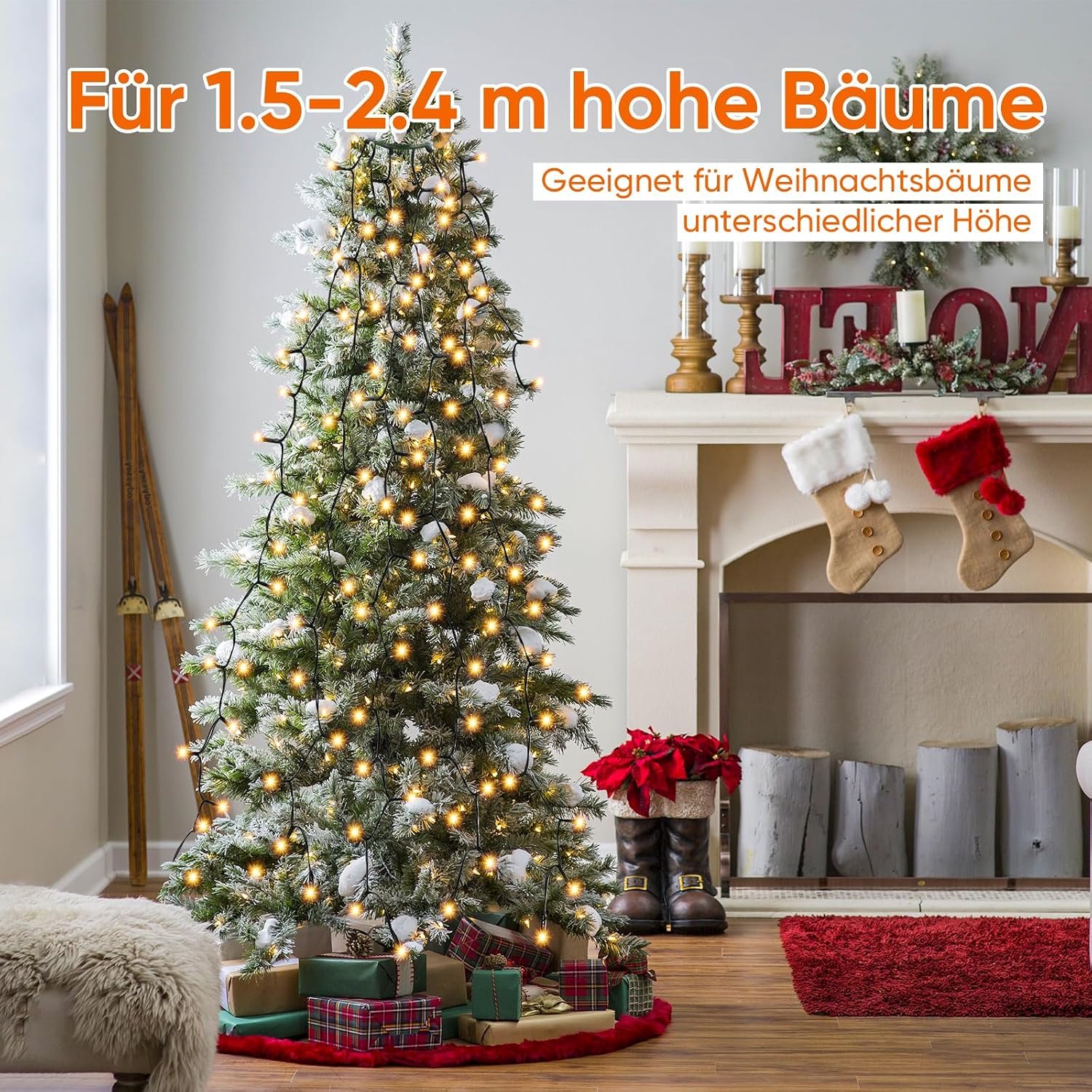 2 m kerstboomverlichting met ring en 8 slingers, 280 led-lampjes, lichtketting voor dennenboom van 150 cm, 180 cm, 210 cm, 240 cm, warm wit – foto 2