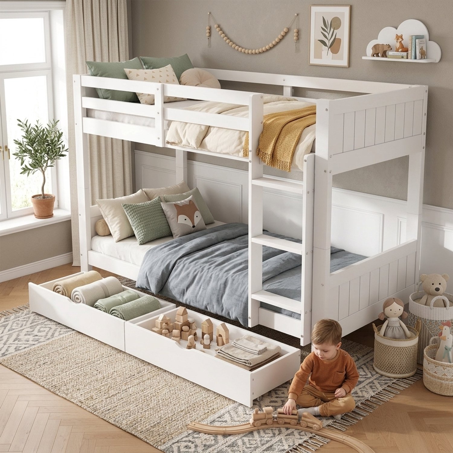 Clruro Stapelbed - 90x200 cm - Deelbaar in 2 Bedden - 2 Lades - Grenenhout/MDF - Wit