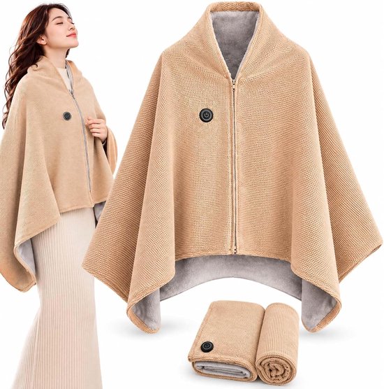 Beige verwarmde sjaal met grijze voering, rits en bedieningsknop. Getoond op model en opgevouwen.