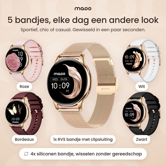 Vijf varianten van de Maoo smartwatch met rosé gouden behuizing en verschillende bandjes in roze, wit, zwart en bordeaux.