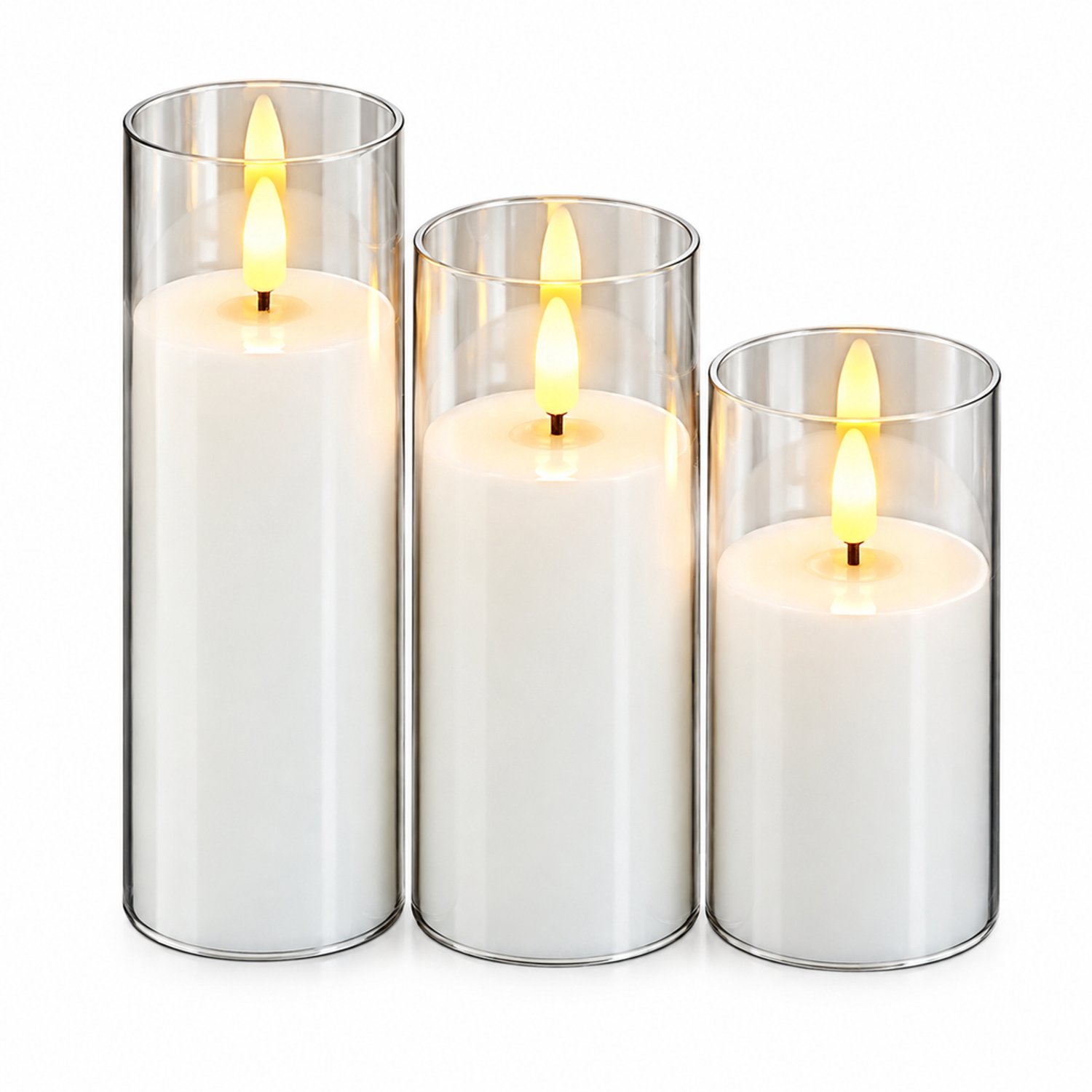 led kaarsen - set van 3, wit met transparante omhulling, diameter 5,5 cm, hoogtes 10/12,5/15 cm, op batterijen