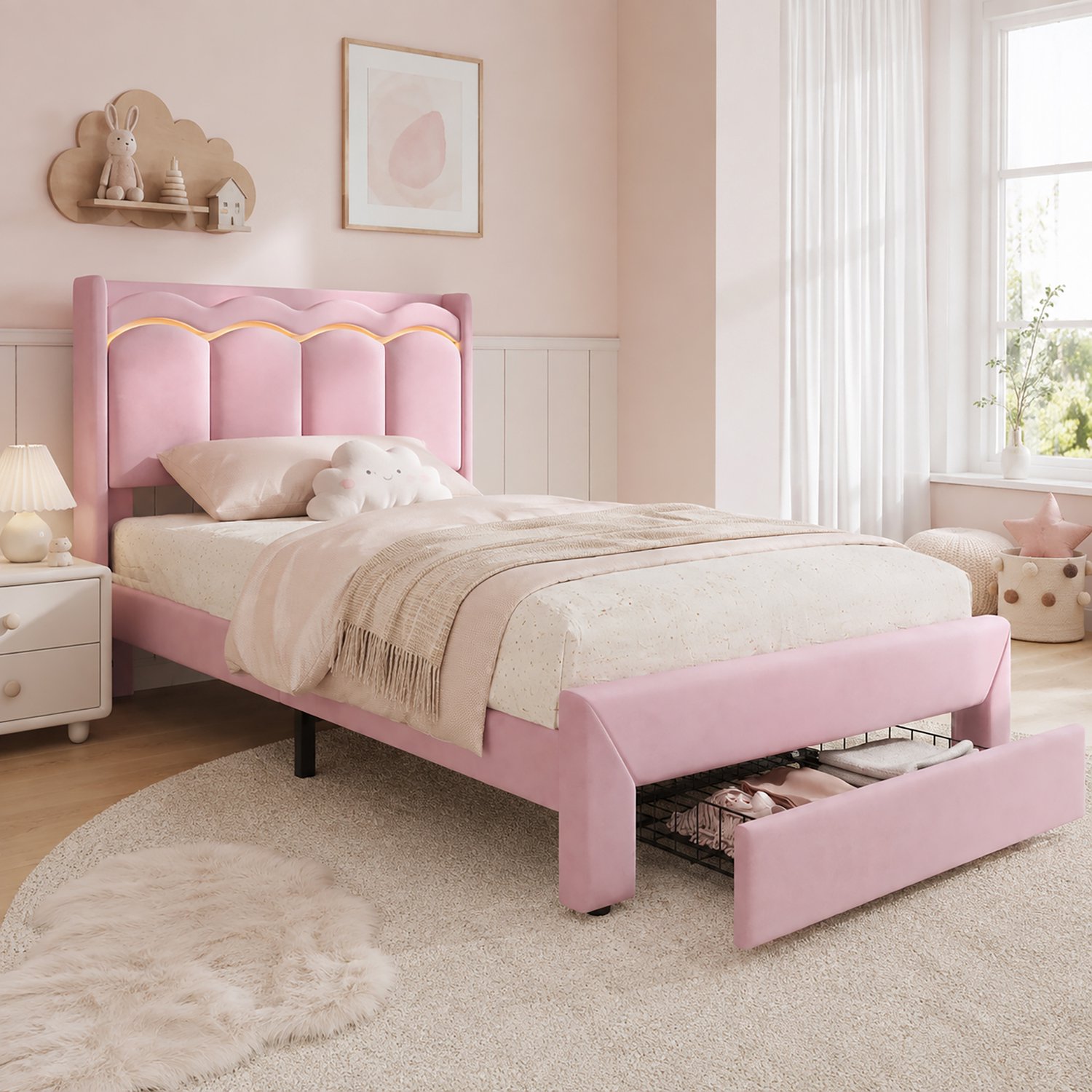 WUVRIE Kinderbed 90x200 cm - Fluwelen bekleding, LED-verlichting en bedlade - Roze