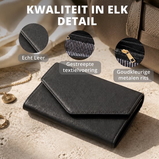 Close-up van zwarte leren portemonnee met details: echt leer, gestreepte textielvoering en gouden metalen rits.