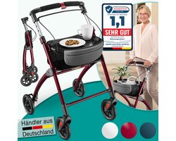 ELONEO Lichtgewicht Rollator voor Binnen - 54 cm Breed, Opvouwbaar Looprek met Dienblad en Stoffen Mandje, Smalle Rollator van Aluminium, Inklapbaar Mobiliteitshulpmiddel, rood