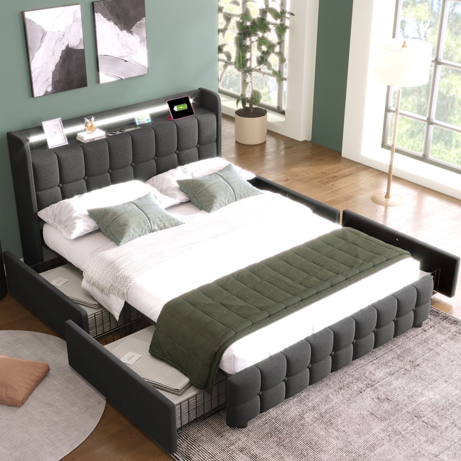 KOMHTOM Gestoffeerd bed - 140x200 cm - Grijs - LED-verlichting - USB-oplaadfunctie - Houten lattenbodem - Opbergruimte - Lattenbodem