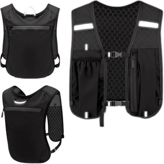 Zwart hardloopvest met mesh voering, meerdere opbergvakken en reflecterende details op de voor- en achterkant.