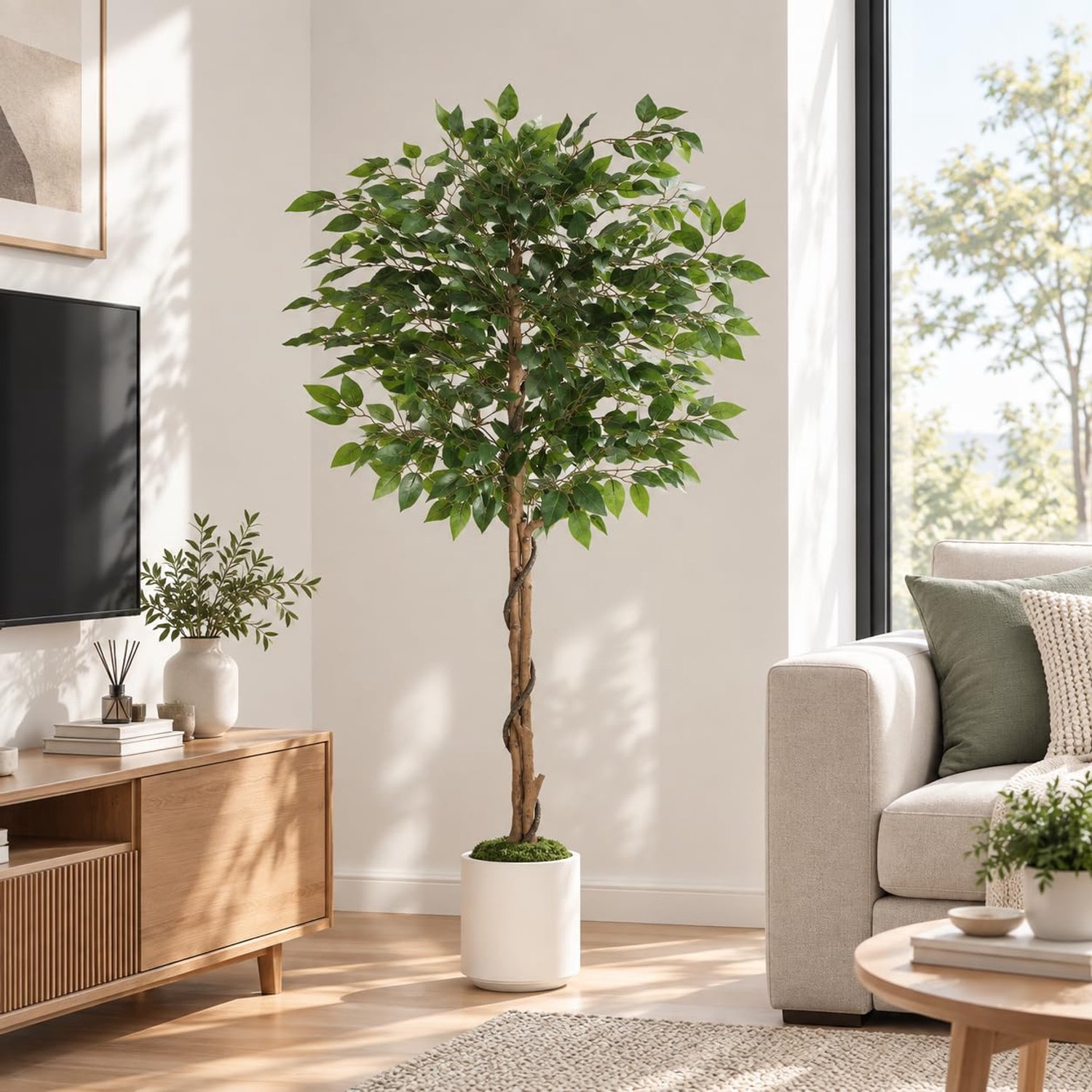LIFERUN 150cm Ficus Kunstplant Realistisch - Ficus Benjamini - Realistische Decoratie - voor Woonkamer Slaapkamer Kantoor Tuin