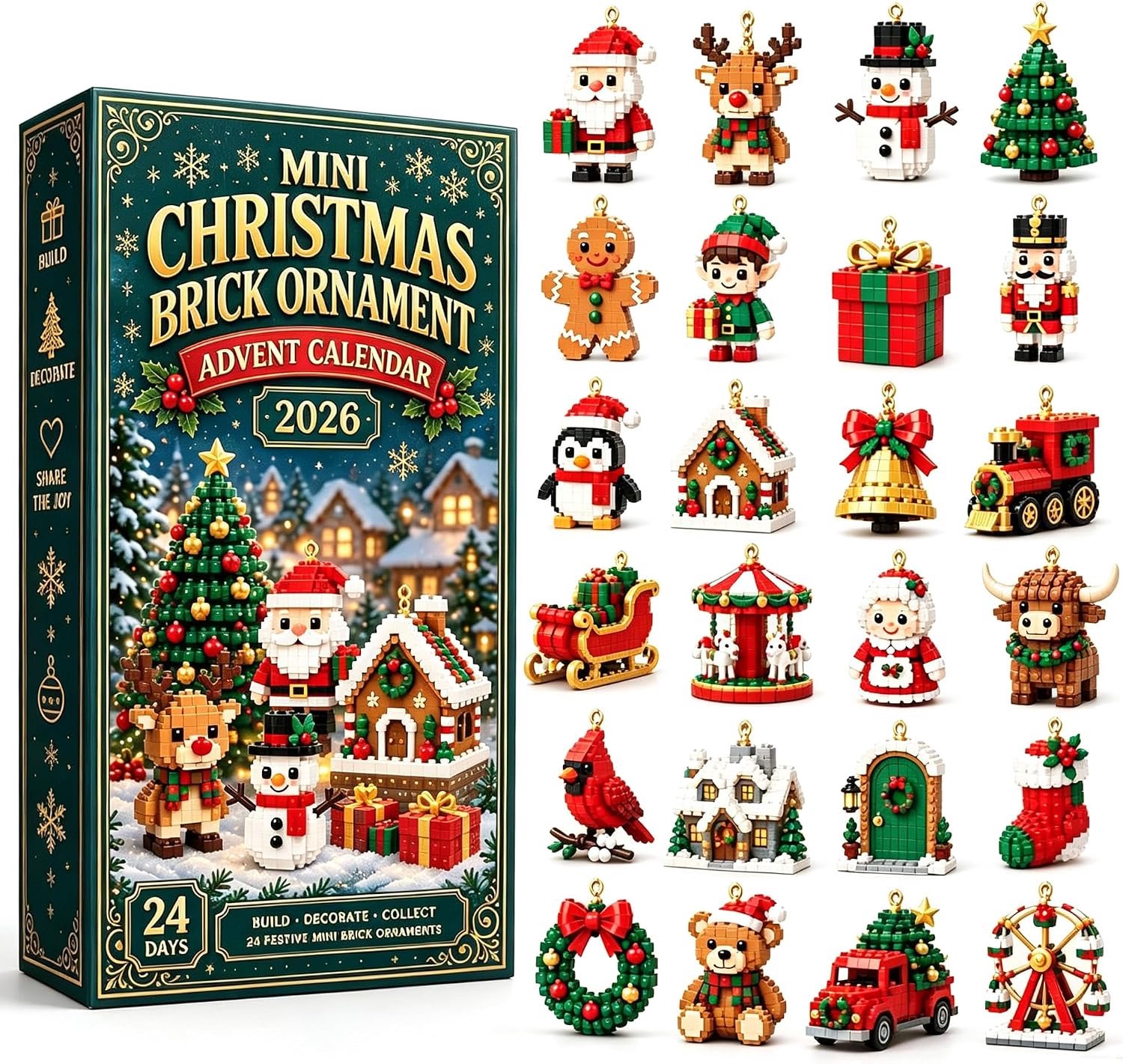 Adventskalender 2026 - Kerstkalender - 24 Dagen Bouwsteen Ornamenten - Bouwblokken - Kinderspeelgoed - Met Ophanglus - Mini-steentjes Voor Boom, Slinger Of Mantel - Geschikt voor Kerstfeest en Interieur Decoratie