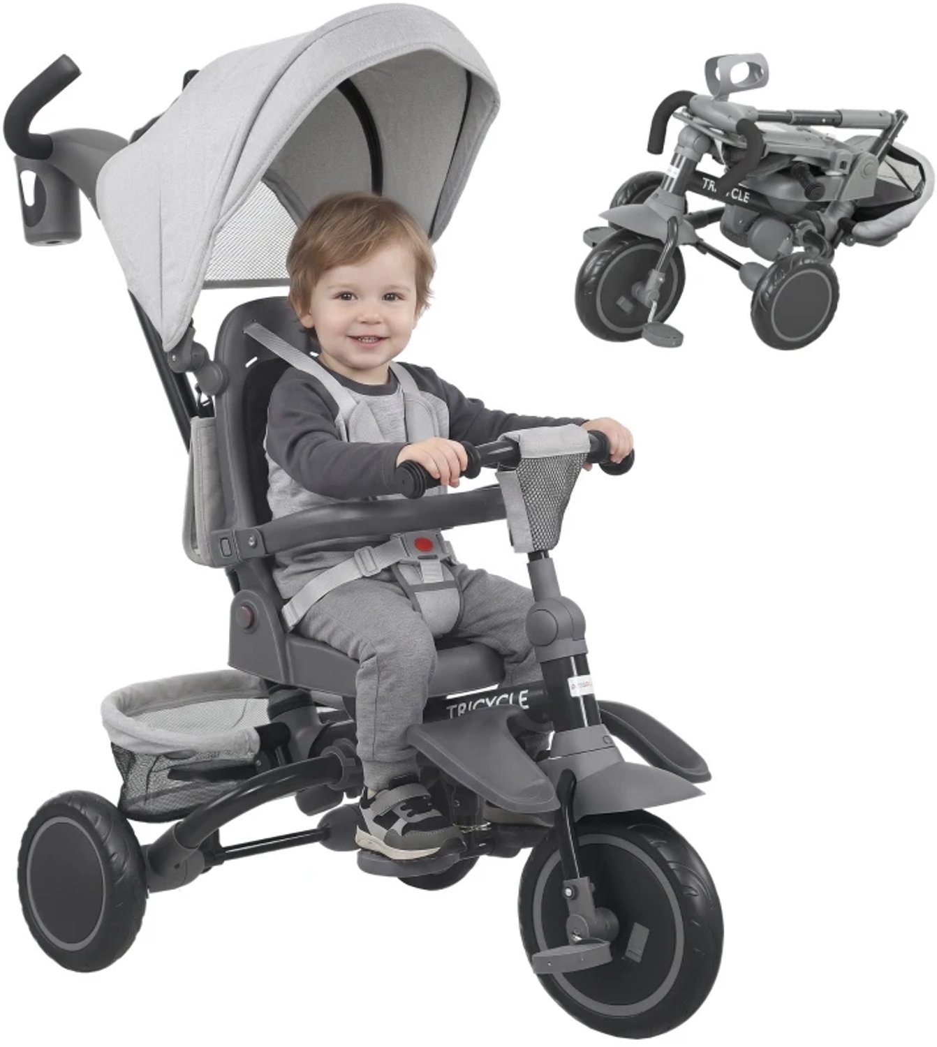 Kinderdriewieler - 6-in-1 peuterbuggy - Duwhandgreep - Verstelbare stoel - Opvouwbaar ontwerp - Veiligheidsnet - Grijs
