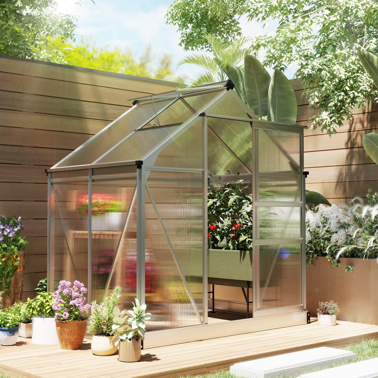 Tuinkas 190 x 132 x 201 cm, Metalen Basis En Dakraam, Praktische Weerbestendige Inloopkas Voor Het Kweken Van Groenten, Kruiden En Planten In Eigen Tuin, Broeikas En Kweekkas, Plantenkas En Serrekas, Tuinserre En Kweekserre – foto 4