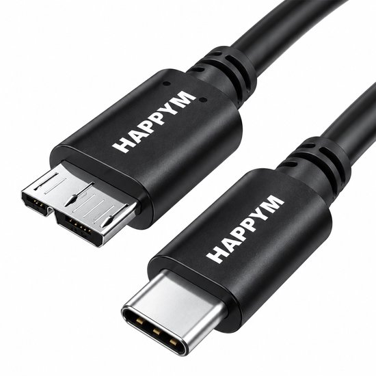 Close-up van de USB-C en Micro-B 3.0 stekkers met HAPPYM logo.