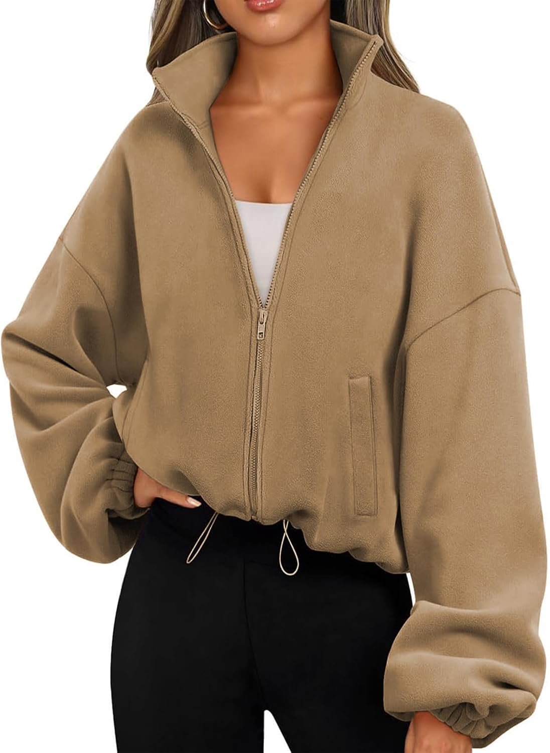 Trui met trekkoord, lange mouwen en ritssluiting, fleece, korte jas met zakken
