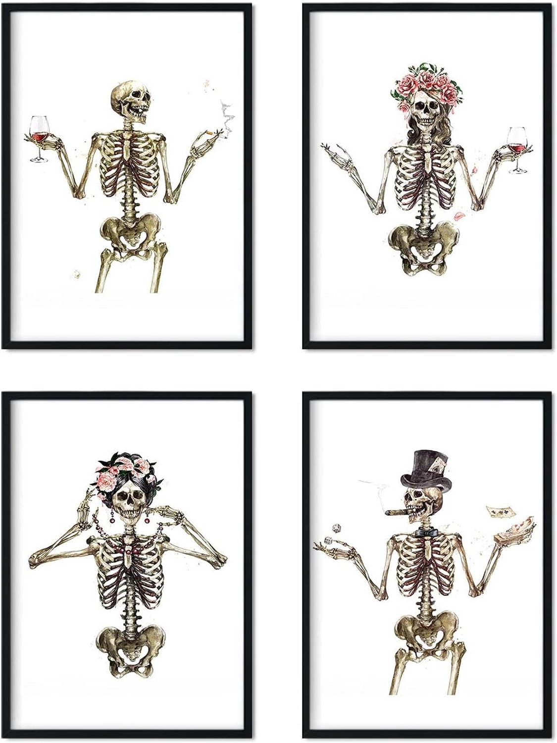 Poster set van 4 vellen A3 - vier gekostumeerde skeletten - hoogwaardige inkt op 250 gram papier - m-winkel
