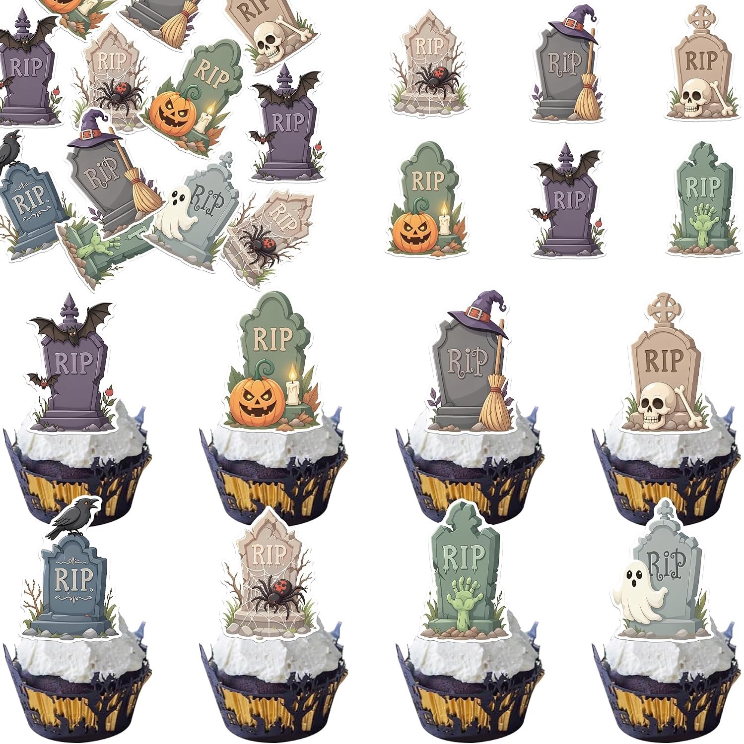 64 eetbare grafsteen cupcake toppers RIP spook spin